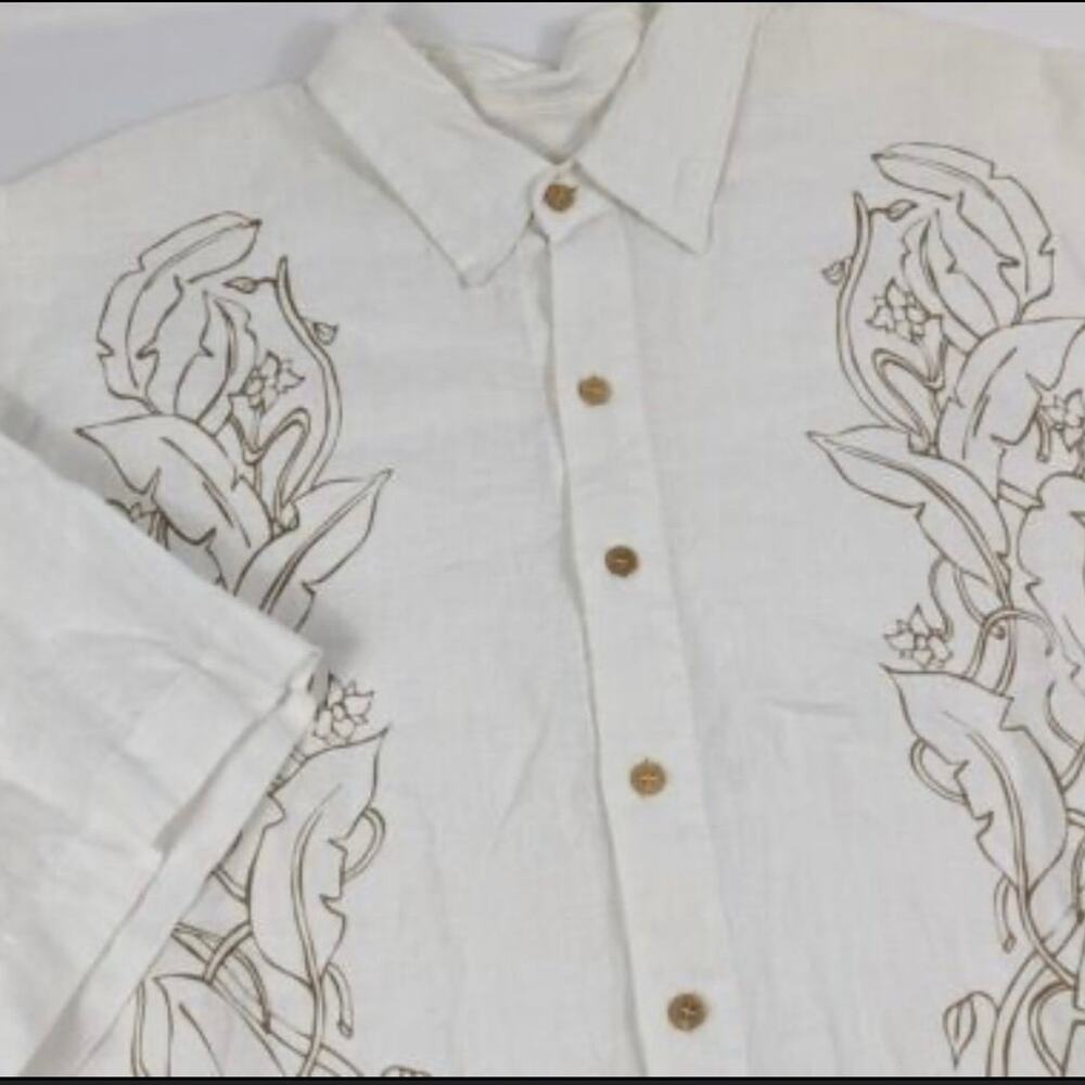 Men’s Bohio 100% Linen White & Brown Miami Button Down Shirt Size Large